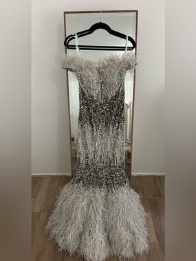 Terani Couture Silver Sequin Feathered Strapless Gown